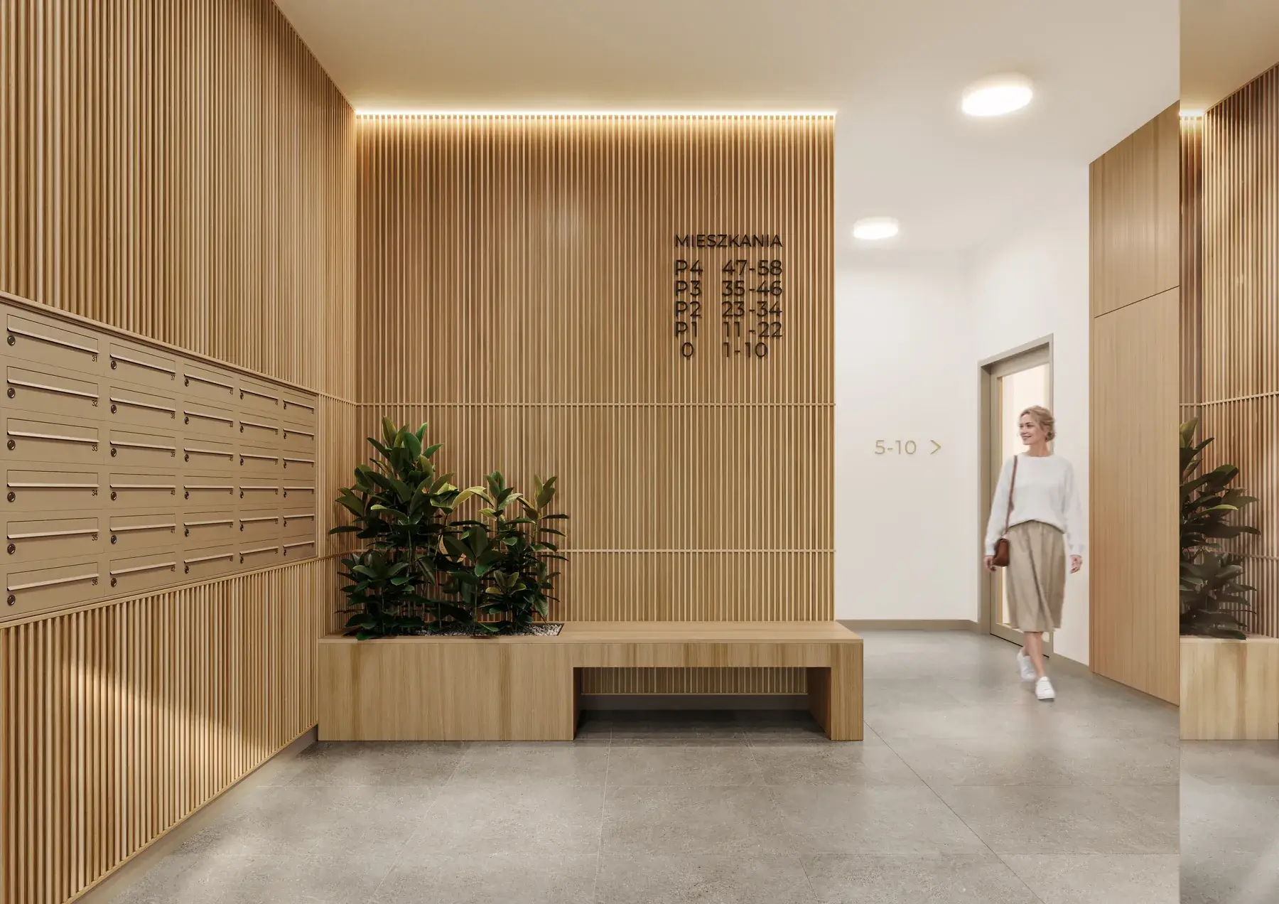 Osiedle Architektów – wizualizacja przedsionka ze skrzynkami pocztowymi, ławką i zielenią
