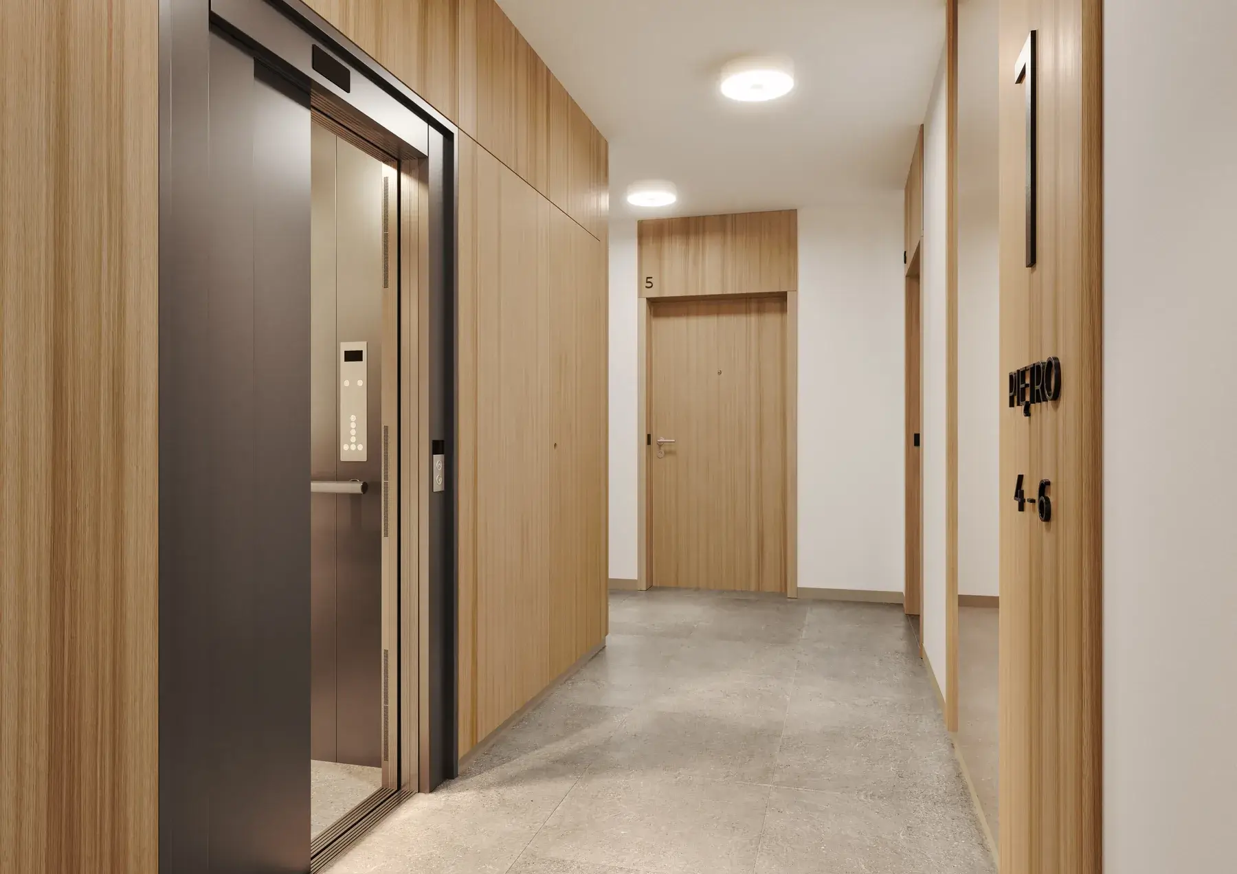 Osiedle Architektów – wizualizacja korytarza z windą na piętrach 4–6
